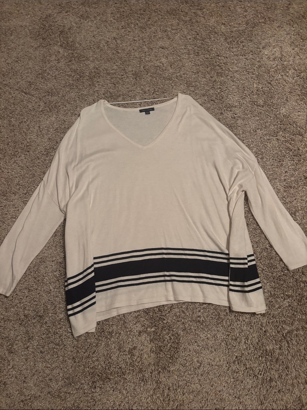 Tommy Hilfiger Cream V-Neck Sweater with Navy Striped Hem